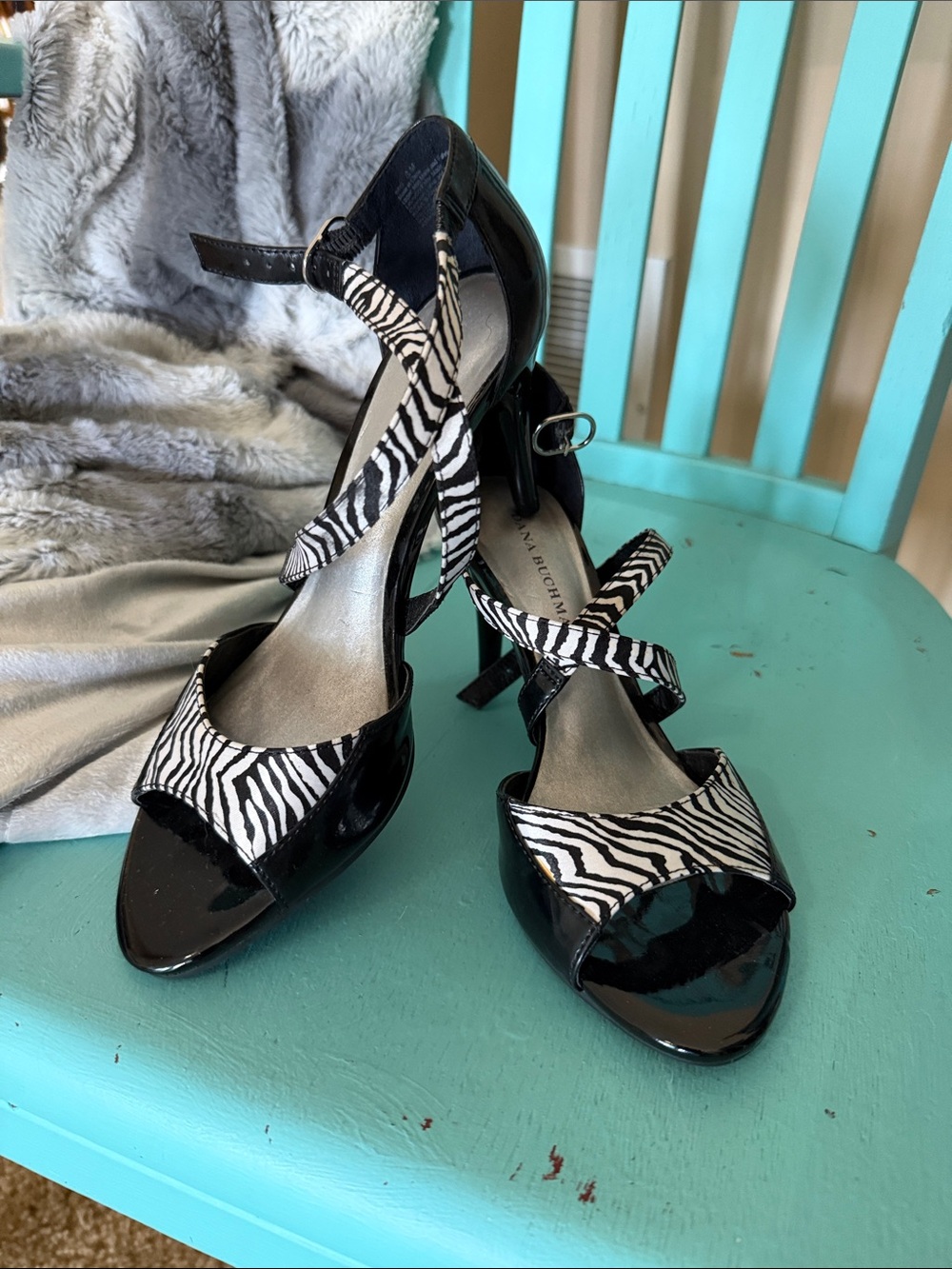 Dana Buchman Black Zebra-Print Patent Strappy Heels